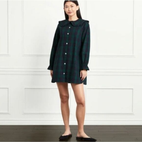 Hill House Evelyn Blackwatch Tartan Plaid Long sleeve Cotton Mini Dress sz XS